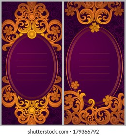 Vintage greeting cards with swirls and floral motifs in retro style. Template frame design for card. Golden vector border in Victorian style. You can place your text in the empty frame.