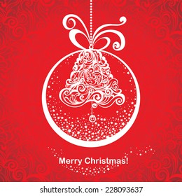 Vintage greeting Christmas card with stylized bells in snow globe. Vector festive background.
