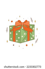 Vintage greeting illustration with Christmas gift and décor elements. New year vector illustration for holidays postcard, invitation, sticker etc.