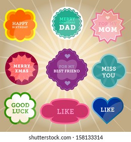 Vintage greeting labels, frames, shapes, stickers, buttons