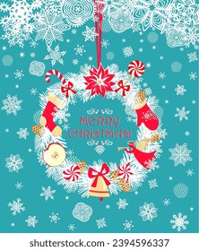 Vintage greeting mint color card for winter holiday with Christmas craft wreath with paper cutting snowflakes and red toys