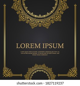 Vintage greeting template with floral border ornament in black gradient color background - mandala ornament in gold color for greeting, card