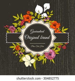 Vintage greeting vector card with flowers and berries. Frame for logo, label. Calla, fuchsia, plumeria, blueberry, raspberry, red currant peony and dog rose.