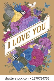 Vintage Greeting vector card for Valentine's Day. I love you. Flowers, birds, butterflies on a gold background