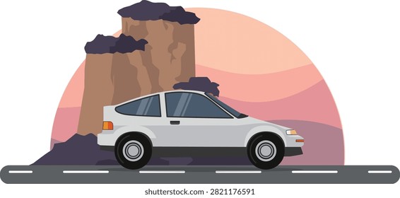 Vintage Grey Hatchback Car Driving Past Mountain Cliffs