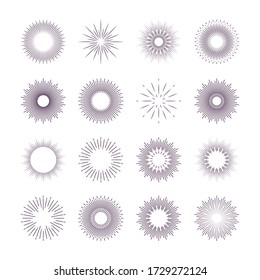 Vintage grey sunburst flat icon collection. Isolated radiant sparks, rays, star light vector illustration badge set. Fireworks and bursting concept