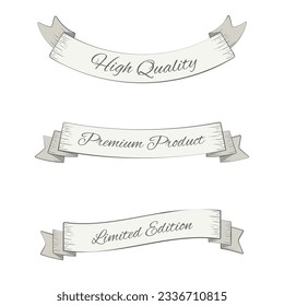 Vintage grey and white color ribbons, scrolls and banners with white seam, for text placement or logos and emblems. Label banner retro classic decoration. Vintage old engraving ribbon template.