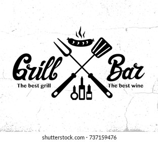 Design do logotipo do Vintage Grill Bar, selo de impressão granja, emblema de tipografia de bar de grelha criativa, ilustração vetorial