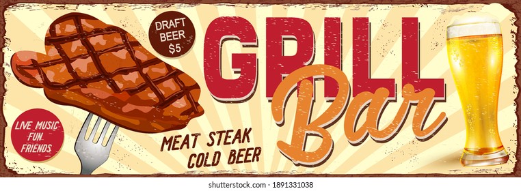 Vintage Grill Bar metal sign.Retro poster 1950s style.