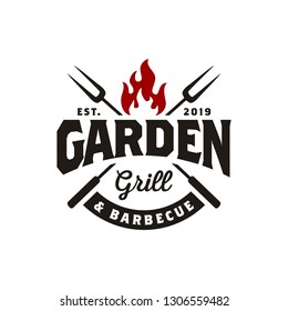 Vintage Grill Barbeque barbecue bbq with crossed fork and fire flame Logo design
