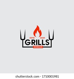 Vintage Grill Barbeque barbecue bbq with crossed fork and fire flame Logo design