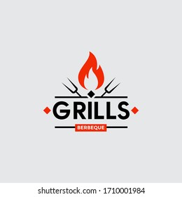 Vintage Grill Barbeque barbecue bbq with crossed fork and fire flame Logo design