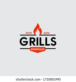 Vintage Grill Barbeque barbecue bbq with crossed fork and fire flame Logo design