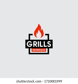 Vintage Grill Barbeque barbacoa bbq con tenedor cruzado y diseño de logotipos con llama de fuego