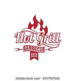 Vintage Grill Barbeque barbecue bbq  fork and fire flame Logo design