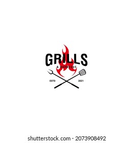 Vintage Grill Barbeque barbecue bbq with crossed fork and fire flame Logo