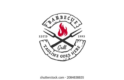 Vintage Grill Barbeque barbecue bbq with crossed fork and fire flame Logo design