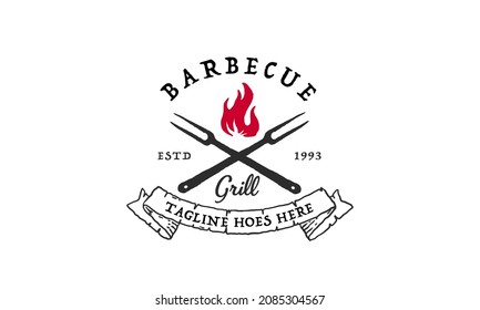 Vintage Grill Barbeque barbecue bbq with crossed fork and fire flame Logo design