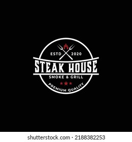 Vintage Grill Barbeque barbecue bbq with crossed fork and fire flame Logo design