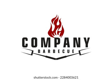 Vintage Grill Barbeque barbecue bbq with crossed fork and fire flame Logo design