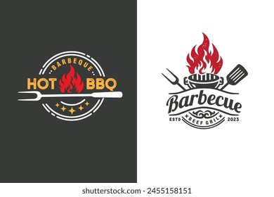 vintage grill barbeque barbecue bbq with fork fire flame badge set logo design vector template