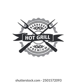 vintage grill barbeque barbecue bbq with fork stamp badge logo design vector illustration