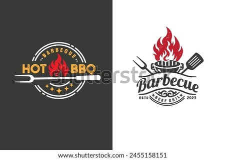 vintage grill barbeque barbecue bbq with fork fire flame badge set logo design vector template