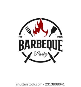 Vintage Grill Barbeque bbq barbecue with fork, cross fryer and flame logo design