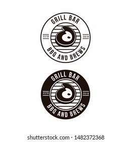 Vintage Grill Barbeque logo icon vector template on white background, bbq with barbeque pan and meat logo design