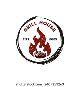 Vintage Grill House bbq barbecue barbeque bar and grill logo design with meat and fire, retro vector illustration.