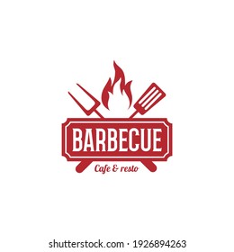 Vintage Grill logo, Barbeque, barbecue, bbq with crossed, fork spatula and fire flame Logo design