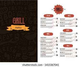 Vintage grill menu design. Grill poster with doodle background. Steak flyer
