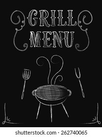 Vintage grill menu poster on blackboard. Vector illustration.