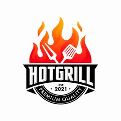 Vintage Grilled Barbecue Logo, Retro BBQ Vector, Fire Grill Food And Restaurant Icon, Red Fire Icon
