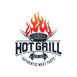 Vintage Grilled Barbecue Logo, Retro BBQ Vector, Fire Grill Food And Restaurant Icon, Red Fire Icon