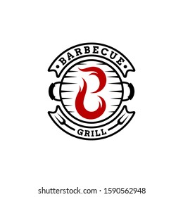 Vintage grilled barbecue logo. Retro BBQ vector. Fire letter B grill food and restaurant logo design