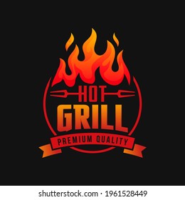 vintage grilled barbecue logo, retro BBQ vector, fire grill food and restaurant icon, Red fire icon
