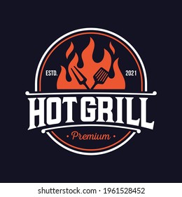 vintage grilled barbecue logo, retro BBQ vector, fire grill food and restaurant icon, Red fire icon
