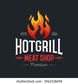 vintage grilled barbecue logo, retro BBQ vector, fire grill food and restaurant icon, Red fire icon
