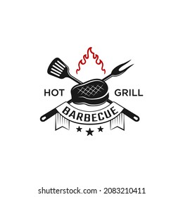 Vintage grilled barbecue logo, retro BBQ vector, fire grill food and restaurant icon, red fire icon