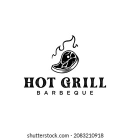 Vintage grilled barbecue logo, retro BBQ vector, fire grill food and restaurant icon