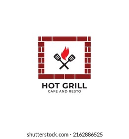 vintage grilled barbecue logo, retro BBQ vector, fire grill food and restaurant icon, Red fire icon