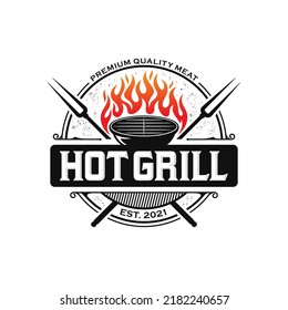 vintage grilled barbecue logo, retro BBQ vector, fire grill food and restaurant icon, Red fire icon