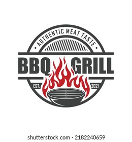 vintage grilled barbecue logo, retro BBQ vector, fire grill food and restaurant icon, Red fire icon