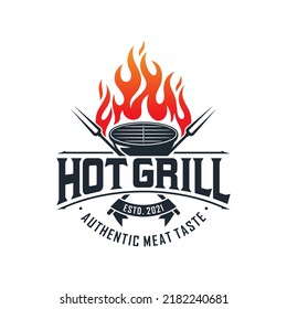 vintage grilled barbecue logo, retro BBQ vector, fire grill food and restaurant icon, Red fire icon