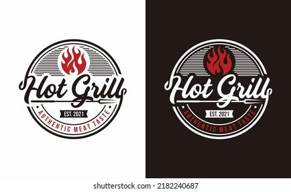 vintage grilled barbecue logo, retro BBQ vector, fire grill food and restaurant icon, Red fire icon