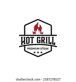 Vintage Grilled Barbecue Logo, Retro BBQ Vector, Fire Grill Food And Restaurant Icon, Red Fire Icon