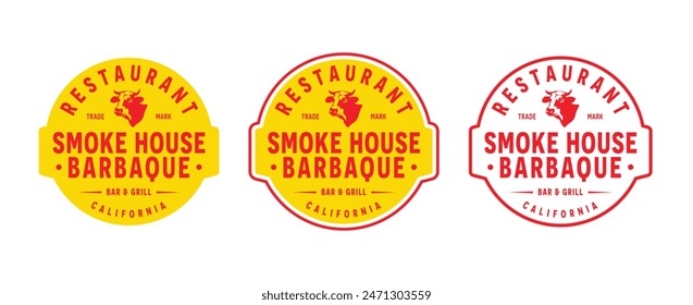 Vintage grilled barbecue logo, retro BBQ vector, fire grill food and restaurant icon.