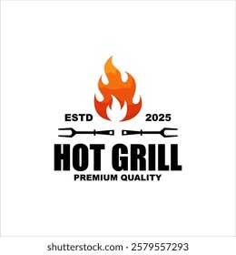 vintage grilled barbecue logo, retro BBQ vector, fire grill food and restaurant icon, Red fire icon