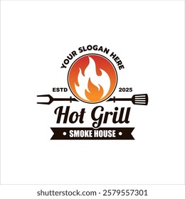 vintage grilled barbecue logo, retro BBQ vector, fire grill food and restaurant icon, Red fire icon